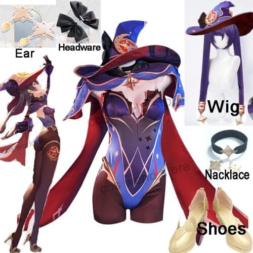 Genshin Impact Mona Cosplay Costume Women Sexy Dress Uniform Halloween Party Cosplay Wig Shoes Headware Hat Earring Game Outfit