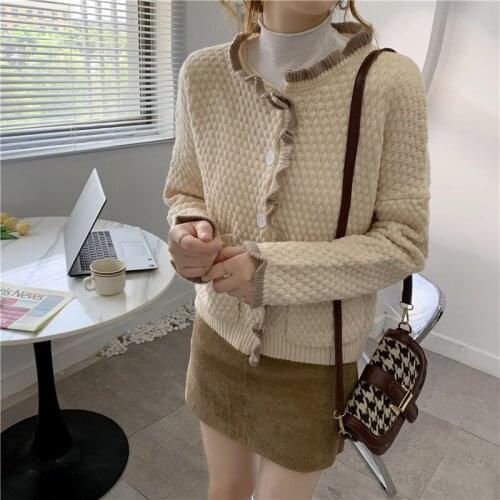 New Korean Style Loose Knit Sweater Patchwork Vintage Casual Cardigan Long Sleeve Pocket Chic Ladies Cardigans