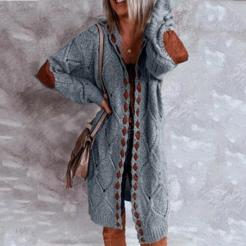 Women Coat Cardigan Autumn And Winter Suede Skin Stitching Color Matching Knitted Long Hooded Sweater