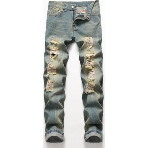 2019 High Quality Men Casual Jeans Hole Slim Straight Pleated Biker Jeans Pants Male Denim Casual Pants Mens Plus Size 42