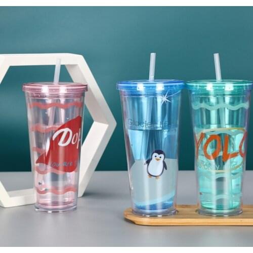 600ml Transparent Plastic Bottle Creative Double-layer Water Bottles With Lid Straw Cup For Milk Juice Water Cup Portable