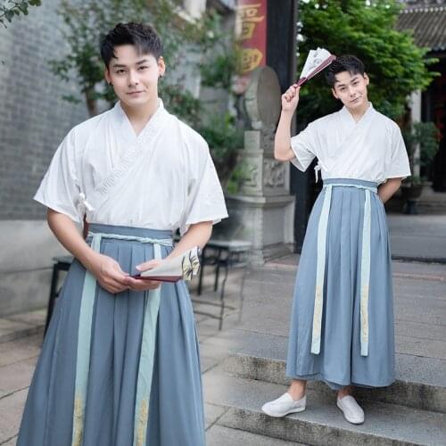Free shipping mens summer short sleeve improved Hanfu mens ancient clothes cross collar Ru skirt thin Han element daily suit