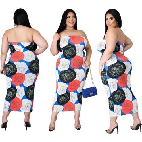Cutubly Plus Size XL-4XL Dress Digital Printing Ladies Fashion Women Dresses Strapless Sleeveless Slim Length Sexy Dresses