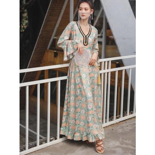 Summer New Thailand Travel Vacation Style Exotic Style Print Retro Tro Flounce Sleeve Loose Embroidered v-Neck Long Dress