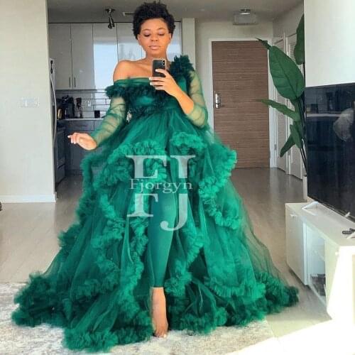 Long Emerald Green Evening Gowns 2020 Long Sleeve Ruffles Tulle Dresses African Pregnant Women Maternity Dress Formal Party Robe