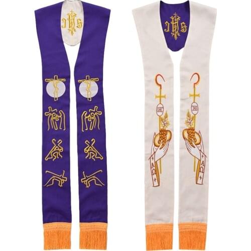 Religion Priest Scarves Stole Cross Grape Figure Embroidery Tassels Minister Clergy Formal Church Stole