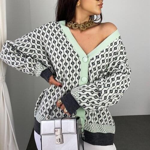 Ladies Diamond Plaid Autumn Winter Sweater Women Cardigan Single-breasted Casual Loose Knitted Cardigan Women Coat Jacket Female