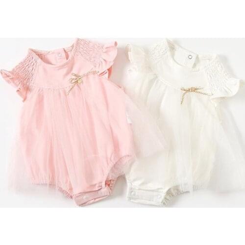 Baby Girl Rompers White Embroidery Mesh Floral Princess Bodysuit Dress for Newborn Summer Cotton Sorht Sleeve Baby Cothes 0-24M