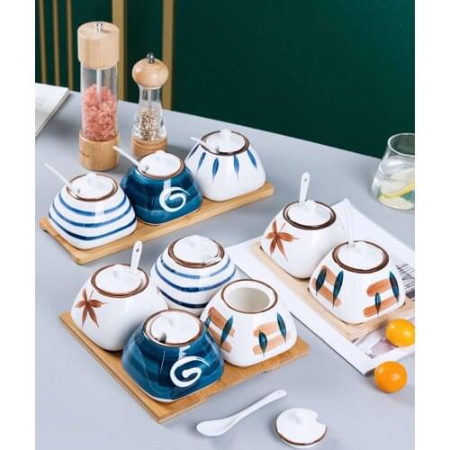 Kitchen Seasoning Jar Ceramic Seasoning Jar Household Set Sugar Jar Monosodium Glutamate Salt Jar Storage Box Japanese Style