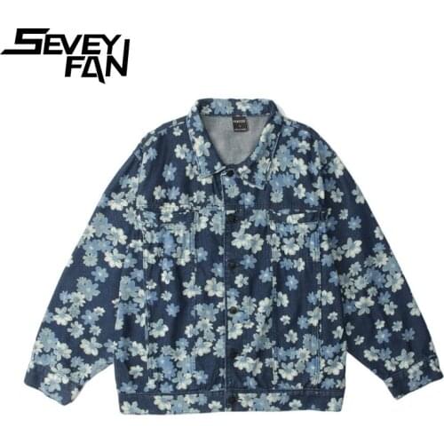 SEVEYFAN Mens Retro Full Flower Printed Denim Jacket Pure Cotton Single Breasted Jean Coat for Male