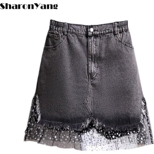 Summer Plus Size Woman Skirts Korean Fashion Clothing Jeans Skirt for Women Mesh Pacthwork Denim Skirt Sexy Mini Skirt 5XL 6XL