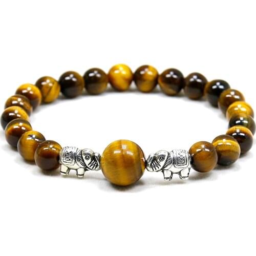 Elephant Plated Bracelets Men 8mm Natural Tiger Eye Stone Beads Bracelet Handmade Stretch Beaded Bracelets for Me