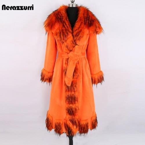 Nerazzurri Winter Long Orange Warm Thick Soft Fluffy Faux Fur Coat with Fur Trim Belt Elegant Luxury Retro European Fashion 2021