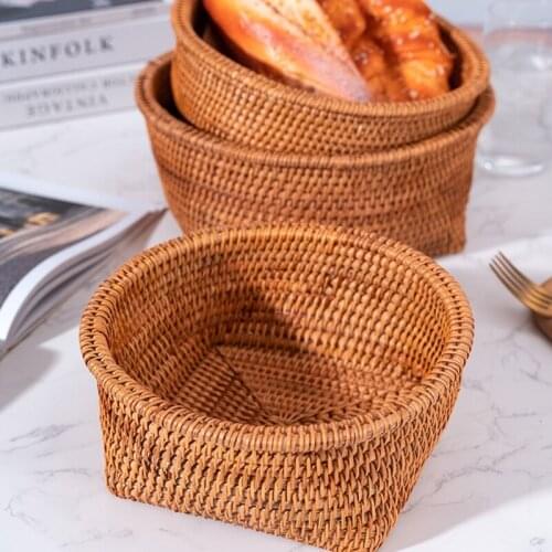 Wicker Rattan Storage Basket Hand Woven Bread Tray Food Fruit Vegetable Bowl Candy Snacks Serving Desk Countertop Storage