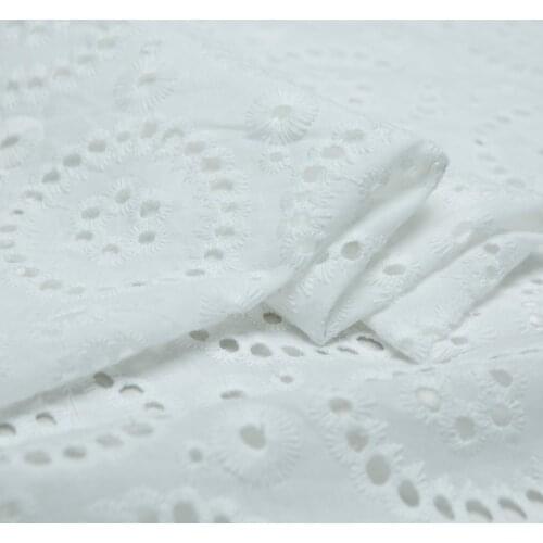 Simple style solid white hollow circle embroidery pure cotton fabric, sewing for dress, skirt, blouse, home, craft by the yard