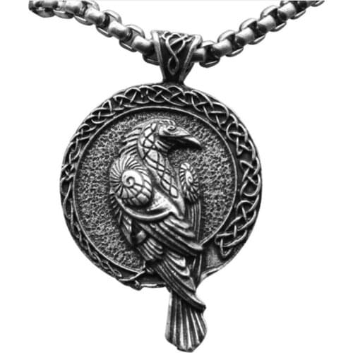 Drop Shipping Antiquing Double Sided Rune Norse Talisman Viking Raven Pendant Black Bird Celt Crow Necklace Men Pendant Jewelry
