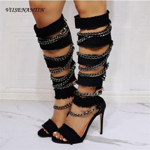 Fish Mouth Stiletto High Heel Sexy Nightclub Heavy Industry Chain Sandals Denim Hollow Back Zipper Knee-length Sandals Women