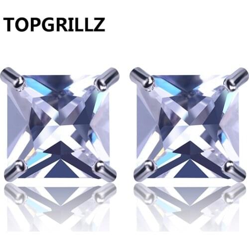 TOPGRILLZ Silver Color Plated Iced Out Micro Pave 4mm Square CZ Stone Lab D Stud Earrings With Screw Back Hip Hop Earring