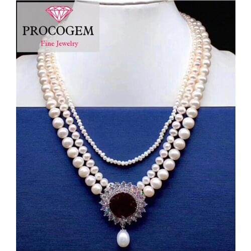Natural pearl Necklace for party Anniversary 3~9mm 3layers necklace S925 18k gold plated women fine Pear Jewelry #270