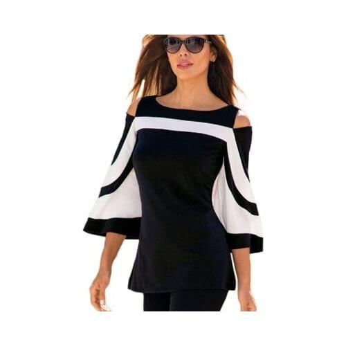 Women blouse black and white splicing shirt O neck bats sleeves back stealth zipper tops plus size