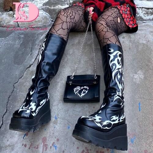 DoraTasia Brand New Designer 2021 Fashion Mid Calf Boots Platform Wedges High Heels Print Black Gothic Punk Street Woman Shoes