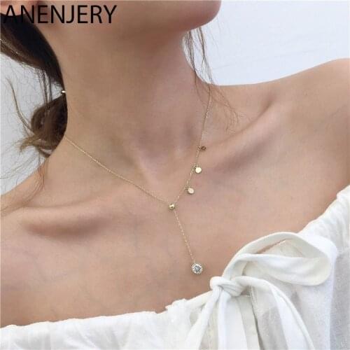 ANENJERY 925 Sterling Silver Zircon Tassel Round Disc Necklace for Women Simple Temperament Chain Party Jewelry Wholesale