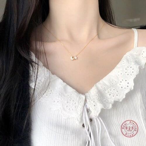 S925 Sterling Silver Fashion Zircon Moon Star Pendant Necklace Woman Classic Jewelry Girlfriend Gift New
