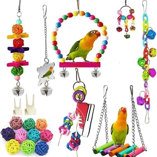 19Pcs Swing Toys Bird Parrot Pet Bird Cage Hammock Shoe Chewing Toy Hanging Bell Wooden Perch for Parrots Birds Parakeets Toys