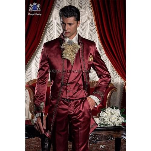 2017 Latest Coat Pant Designs Italian Burgundy Satin Embroidery Men Suit Jacket Prom Blazer Slim Fit Custom 3 Piece Tuxedo Terno