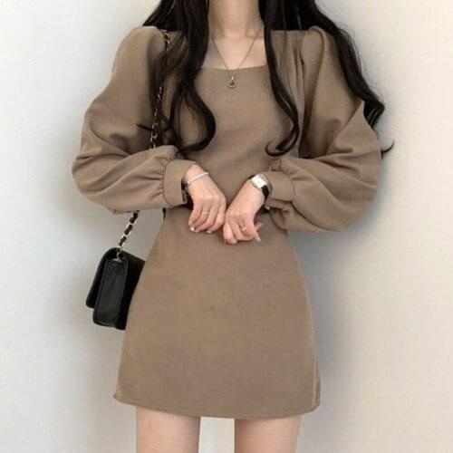 2021 Vintage Chic Autumn Temperament Slim Square Neck Puff Sleeve Dress Short Casual Full Wild Korean Fashion Vestido De Mujer