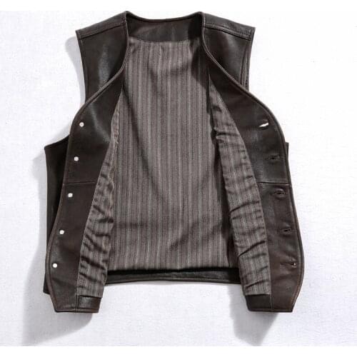 2021 Vintage Brown Casual Style Genuine Leather Vest Men Plus Size 4XL Single Breasted Real Natural Cowhide Spring Short Coat