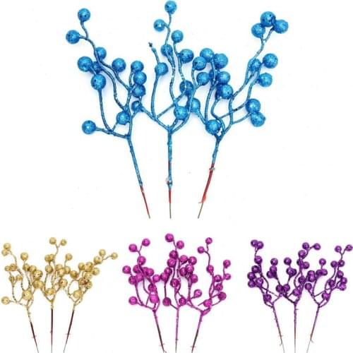 3Pcs/Set Artificial Flower Stamen Christma Blue Flower Cherry Berries Bouquet DIY Wedding Christmas Wreath Craft Gift Decoration