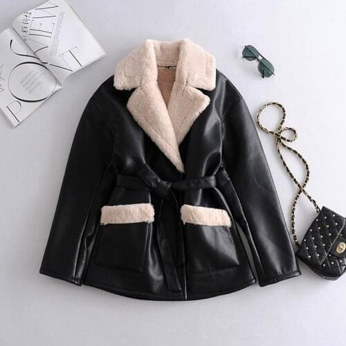 Ailegogo Winter Women Turn Down Collar Faux Leather Jacket with Belt Thick Warm Long Sleeve Pu Leather Coat Stretwear Outwear