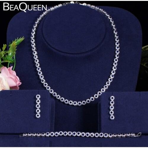 BeaQueen Dark Blue Flower Cubic Zirconia 3 Pcs Tennis Bracelet Necklace Earrings Wedding Bridal Jewelry Sets for Women JS177