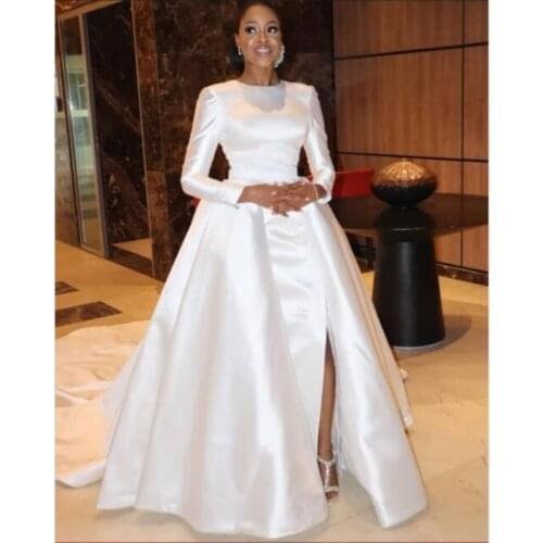 E JUE SHUNG White Satin Detachable Train Wedding Dresses Side Slit Long Sleeves Modest Wedding Gowns