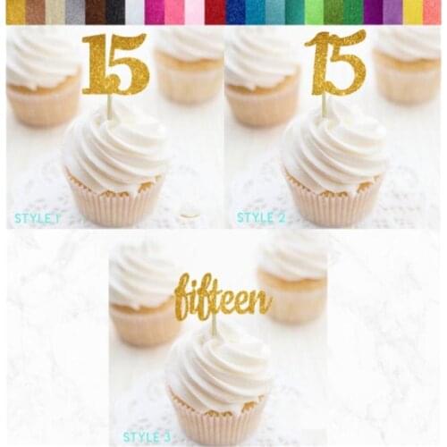 Custom Number 15 glitter Cupcake Toppers, Fifteen Food Picks, Personalised 15th Birthday Decorations,15th Anniversary Party