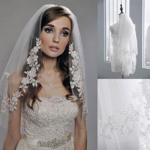 Lace Pearl Ivory Short Wedding Veil with Blusher Veils Wedding Bridal Headwear Voile Mariage 2 Couches Velos De Novia
