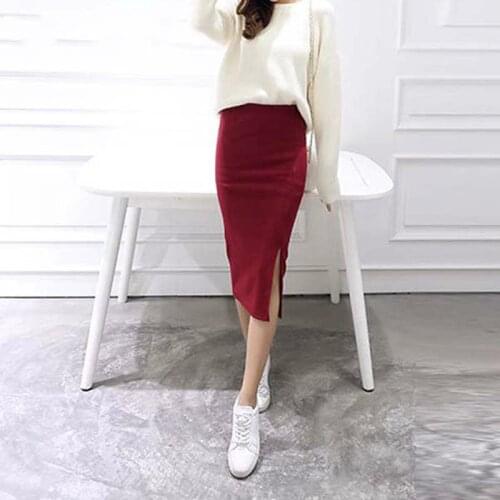 Summer Women Skirts Sexy Chic Pencil Skirts 2019 Casual Women Wool Rib Knit Long Package Hip Split Waist Skirt Maxi Red Black