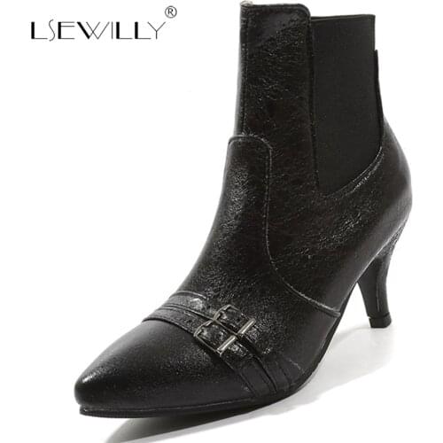 Lsewilly Plus Size 33-48 Women High Heels Ankle Boots Winter Buckle Warm Shoes Woman Office Lady Elastic Band Short Boots S992