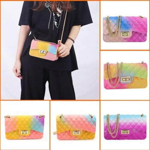 Fashion Womens Rainbow Handbag PVC Bag Shoulder Bag Crossbody Handbag Jelly Chain Bag Waist Bag