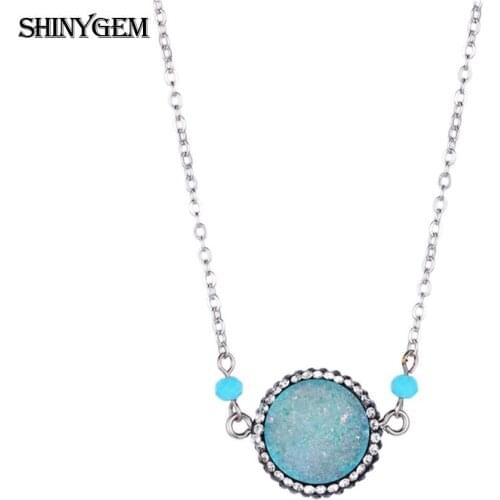 ShinyGem Fashion Blue Opal Crystal Necklace Silver Color Chain Necklace Round Natural Druzy Crystal Pendants Necklaces For Women
