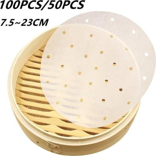 100/50 Pcs Air Fryer Steamer Liners Premium Perforated Wood Pulp Papers Non-Stick Steaming Basket Mat Baking Cooking Tools