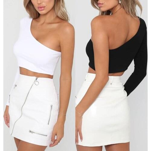 New Women T Shirts Sexy One Shoulder Crop Tops Skew Collar Unique Long Sleeve Slim Fit Solid Colour Leisure Bodycon Streetwear