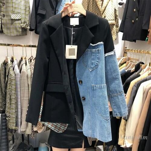 New Loose Suit Patchwork Denim Jacket Women Vogue Irregular Worn Coat Lady Streetwear Pop Spring and Autumn