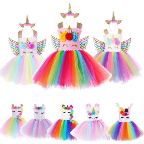 Pastel Unicorn Costumes for Girls Princess Tutu Dresses for Kids Birthday Dress Up Clothes Children Halloween Christmas Costume