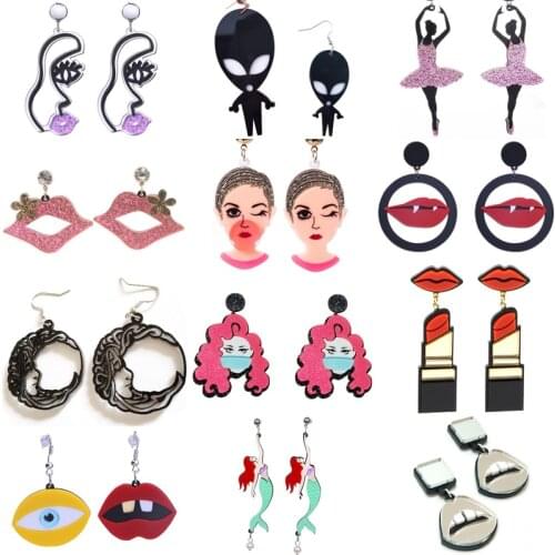 Earrings For Women Cartoon Figure Y2k 90s Moon Face Lips Mouth Lipstick Harajuku Acrylic Earrings Fashion Jewelry Friends Gifts