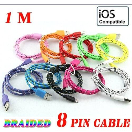 Cable for iphone Fabric USB Braided Wire Data Sync Cloth Woven 1M 3Ft Colorful Cord Woven Cable for iPhone X 8 iOS 100pcs/lot