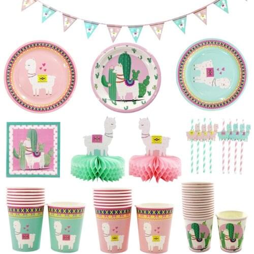 Party Llama Alpaca Disposable Tableware Supplies Paper Plates Cups Napkins Animal Happy Birthday Party Decoration For Kids