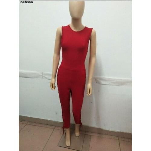 New sale red women bodycon bandage jumpsuits rayon knitted bodysuit casual evening club party bandage playsuit pencil pants