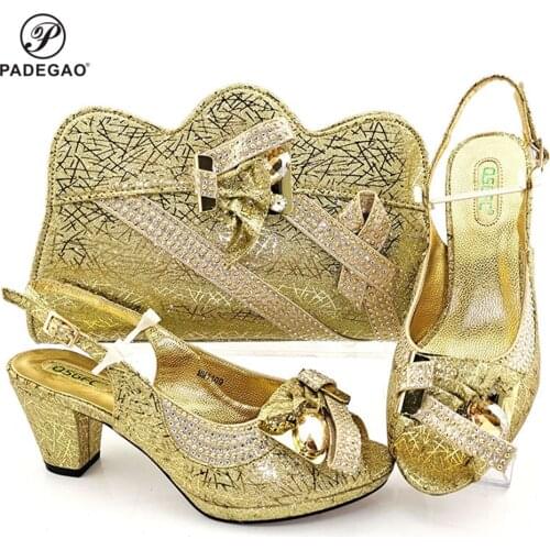 Gold Color New Design Nigerian Women Shoes and Bag to Match Decorate with Rhinestone For Wedding PartY